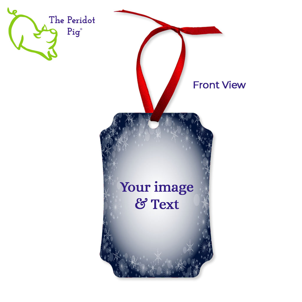 Create a beautiful keepsake ornament for the holidays! These aluminum ornaments can be printed in vivid color with the photo or artwork of your own choice. Both sides can be customized. The ornament is light weight for hanging on the tree and comes with a ribbon hanger. We've shown them here with the year on the back with a fun Christmas candy stripe pattern. On the front, choose from 5 different border styles. This style is best with a vertical picture. Shown front view.