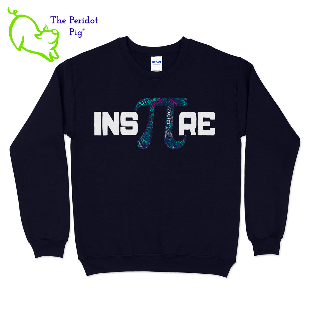 This warm, soft crewneck sweatshirt features our PI day InsPIre theme in vivid print on the front. It's available in four colors to help celebrate PI in style. Front view shown in navy.