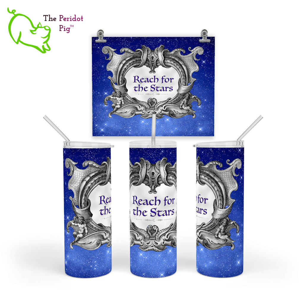 If you're tail gating at a game or sitting by the fire, these 20 oz skinny tumblers are the perfect drinkware. These are made from stainless steel with a clear plastic lid and a stainless straw. The vacuum seal keeps liquids and carbonization fresh. The design is a permanent print (not vinyl!) that is a deep blue star field with a gothic frame. Style B - Reach for the Stars