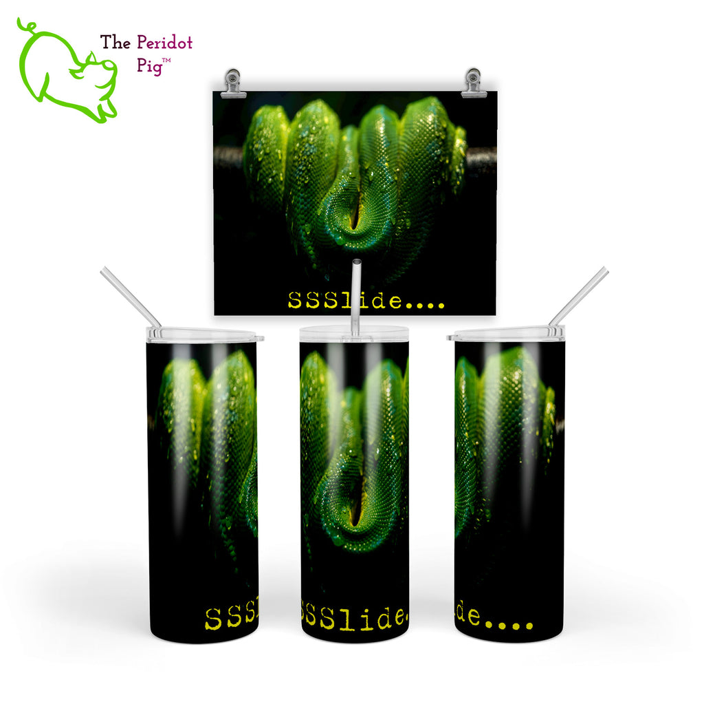A vivid green snake is the center of attention in this tumbler design. Below is the text, "SSSlide...." in yellow. Think of it as a snake/Fight Club kind of reference. Shown in three views.