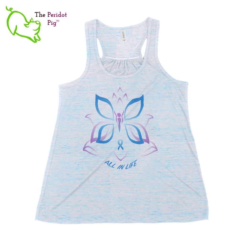 This racerback tank is super soft, lightweight, and form-fitting (but not too tight in the mid-section) with a flattering cut and raw edge seams for an edgy touch. The front features Kristin Zako's logo and the back is blank. The print will be in a "vintage" look that is slightly faded. Front view in Blue Marble.