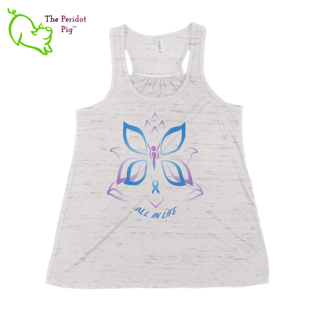 This racerback tank is super soft, lightweight, and form-fitting (but not too tight in the mid-section) with a flattering cut and raw edge seams for an edgy touch. The front features Kristin Zako's logo and the back is blank. The print will be in a "vintage" look that is slightly faded. Front view in White Marble.