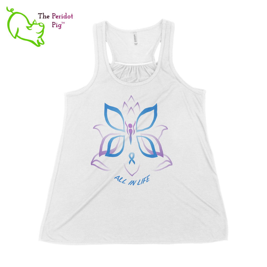 This racerback tank is super soft, lightweight, and form-fitting (but not too tight in the mid-section) with a flattering cut and raw edge seams for an edgy touch. The front features Kristin Zako's logo and the back is blank. The print will be in a "vintage" look that is slightly faded. Front view in White.