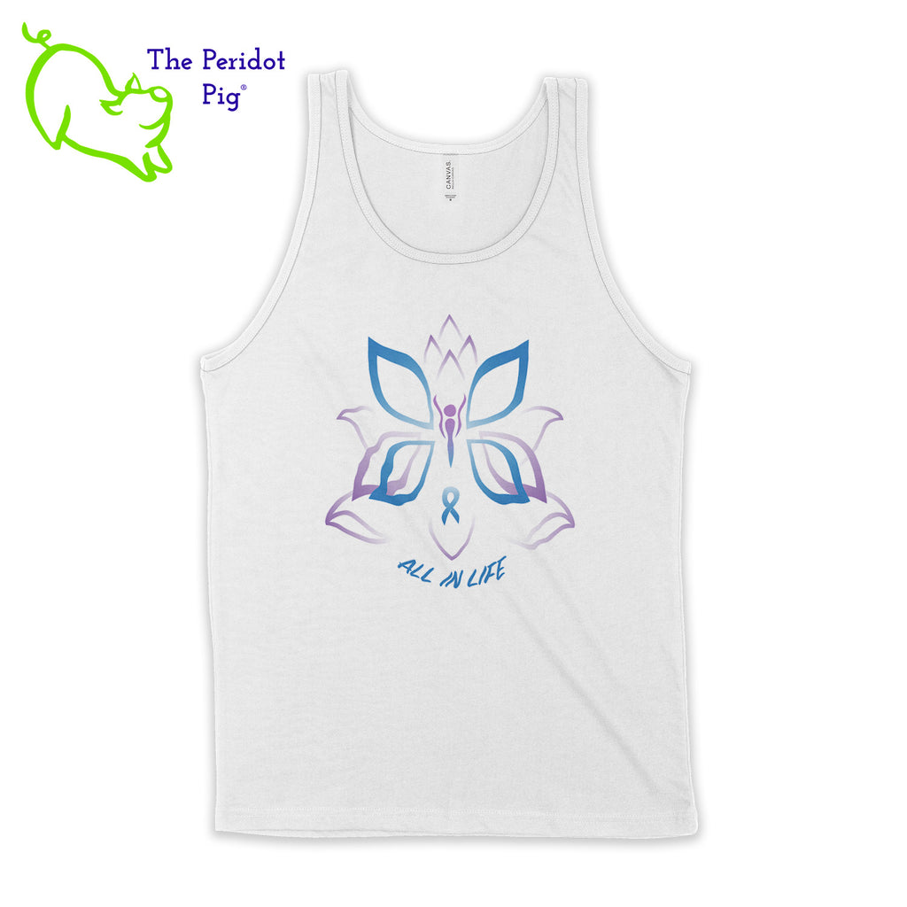 This unisex tank top boasts a nice drape, which is ideal for layering or dealing with the summer heat. The shirt features Kristin Zako's logo on the front in bright blue and purple colors on a white glitter vinyl print. The back is blank. Front view in white.