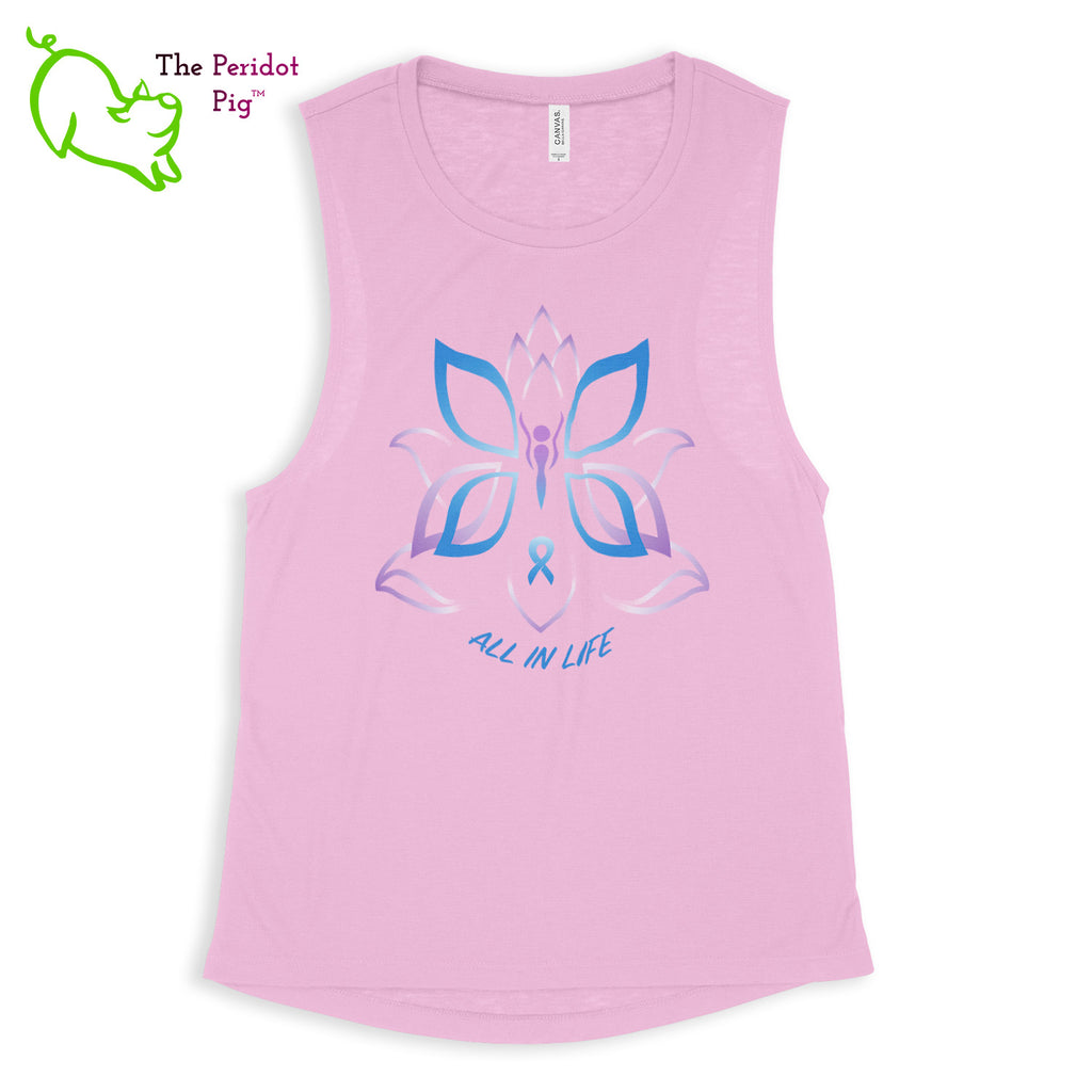 This comfortable muscle tank is soft and flowy with low cut armholes for a relaxed look. The shirt features Kristin Zako's logo on the front in bright blue and purple colors. The back is blank. The print is a translucent, faded "vintage" look due to the blend of the fabric. Front view in Lilac.