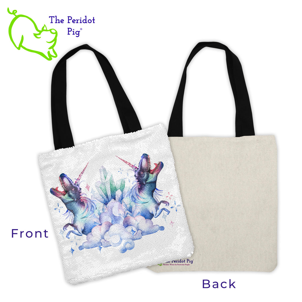 The DinoCorns are back just in time for Spring! We all need to add a bit of fun bling! This fun tote has "flip sequins" on the front like you've seen on pillows and other accessories. Flip them one way and it's a bright silver. Flip them the other way, the sequins are white with our fun DinoCorn prints.   Option A-Single has one DinoCorn with a "ROARR!!". Option B-Double has two DinoCorns depicted back-to-back with magical crystals. Option B shown - front and back.