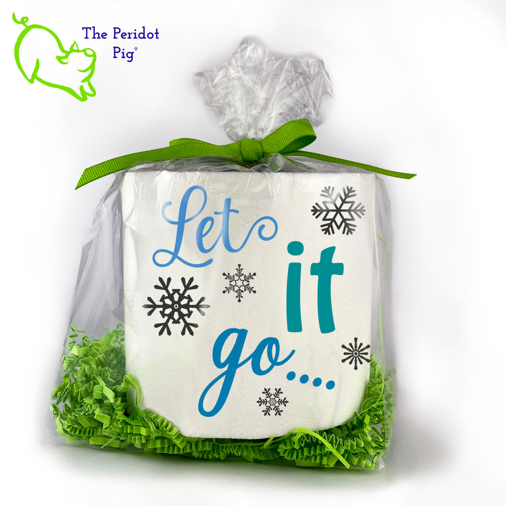 Toilet paper is still a thing and we're sure they'll appreciate an extra roll. While you're at it, these make an excellent holiday gag gift for that white elephant party! Available with many different sayings, this is high-quality 2-ply toilet paper which has been printed in vivid sublimation color. We then wrap it all up with some peridot green crinkle paper and a matching bow. This version states "Let it go.." with a sprinkling of snowflakes.