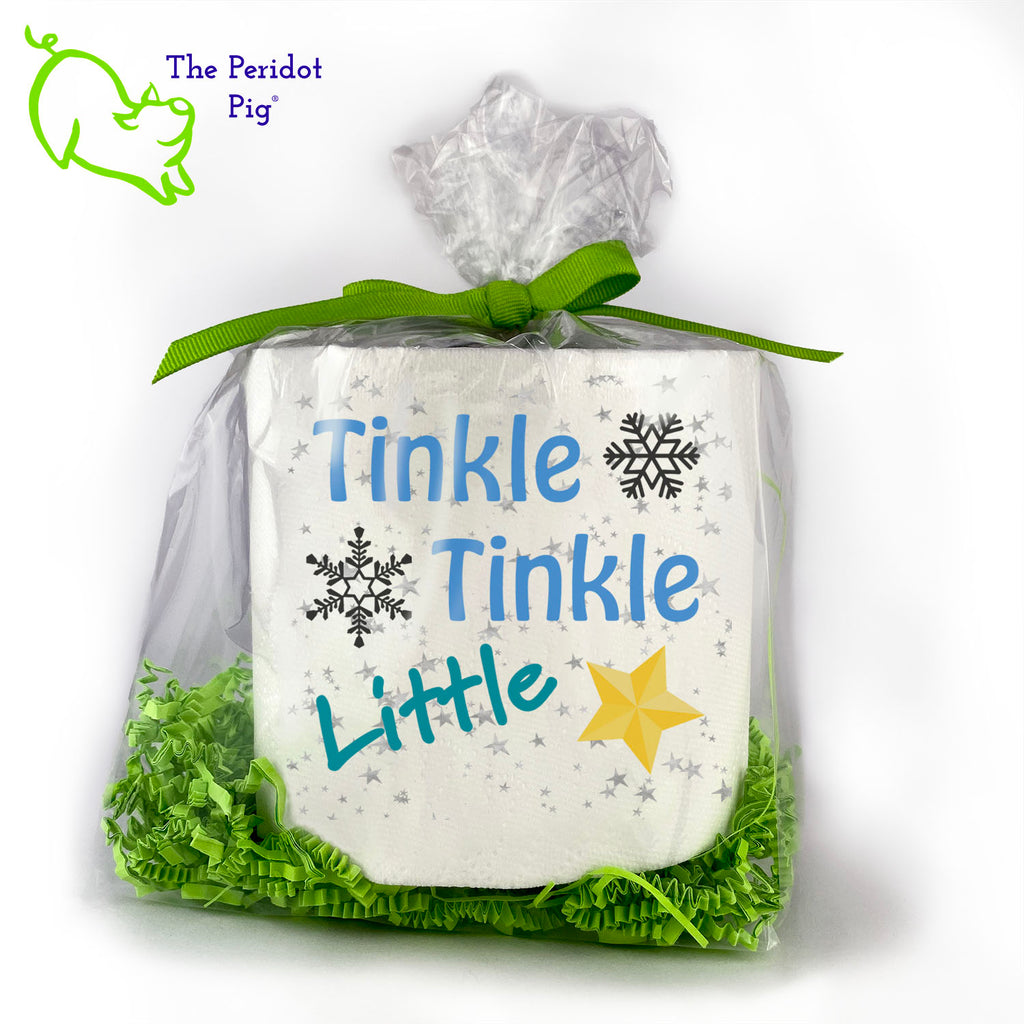 Toilet paper is still a thing and we're sure they'll appreciate an extra roll. While you're at it, these make an excellent holiday gag gift for that white elephant party! Available with many different sayings, this is high-quality 2-ply toilet paper which has been printed in vivid sublimation color. We then wrap it all up with some peridot green crinkle paper and a matching bow. This version states "Tinkle Tinkle Little <star>" with a sprinkling of snowflakes and stars.