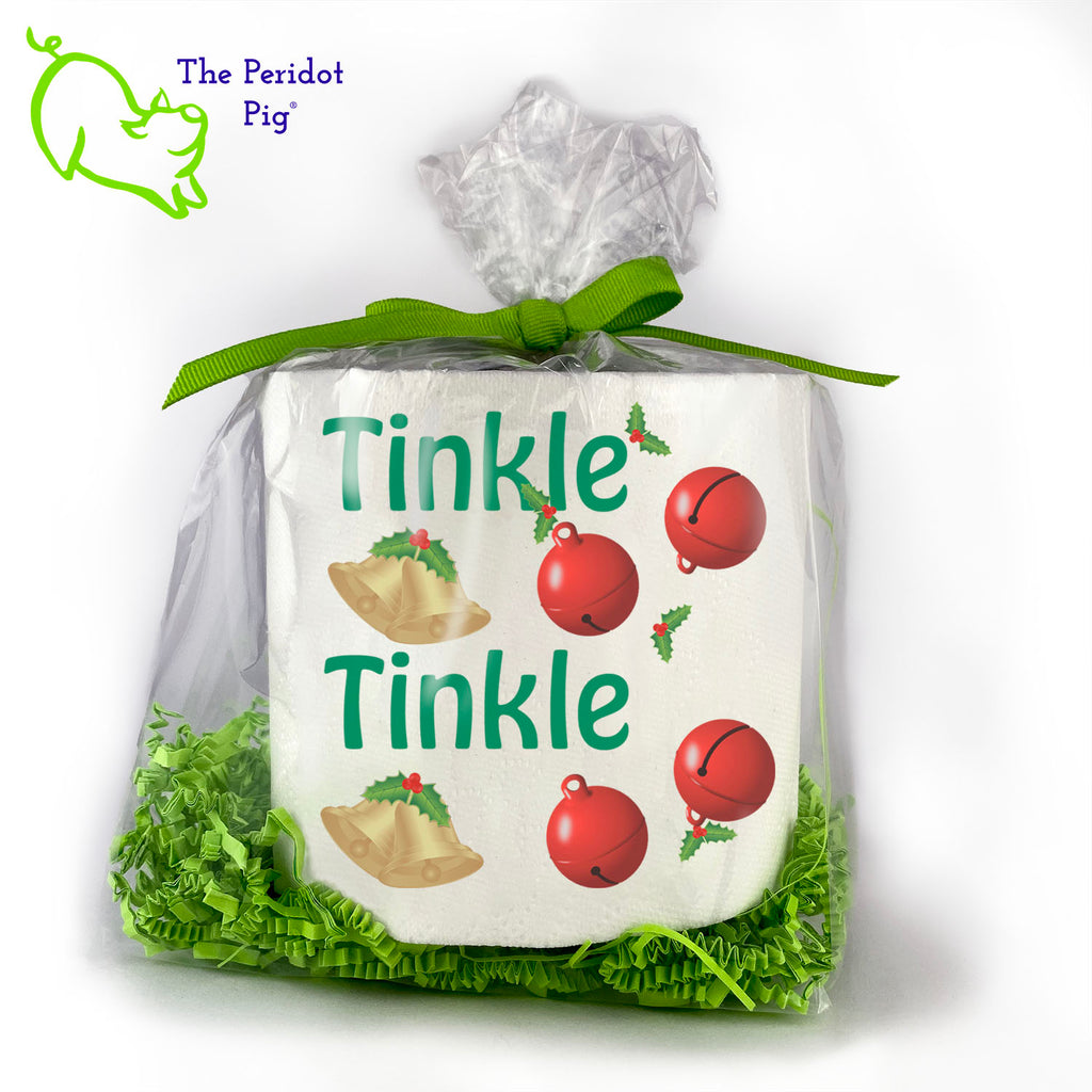 Toilet paper is still a thing and we're sure they'll appreciate an extra roll. While you're at it, these make an excellent holiday gag gift for that white elephant party! Available with many different sayings, this is high-quality 2-ply toilet paper which has been printed in vivid sublimation color. We then wrap it all up with some peridot green crinkle paper and a matching bow. This version states "Tinkle <bells> Tinkle <bells>".