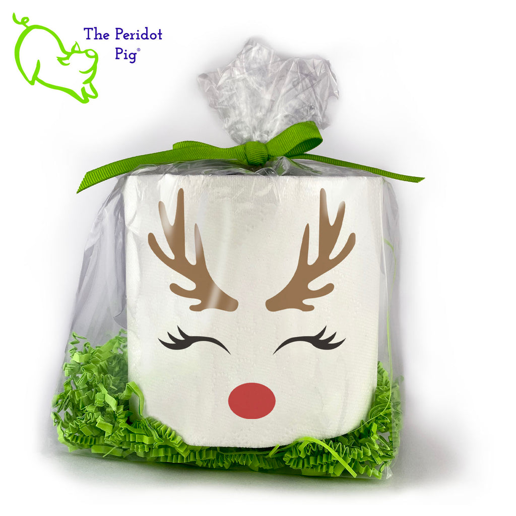 Toilet paper is still a thing and we're sure they'll appreciate an extra roll. While you're at it, these make an excellent holiday gag gift for that white elephant party! Available with many different sayings, this listing is for a single, high-quality 2-ply toilet paper roll which has been printed in vivid sublimation color. We then wrap it all up with some peridot green crinkle paper and a matching bow. This version has the silhouette of a cute reindeer face.