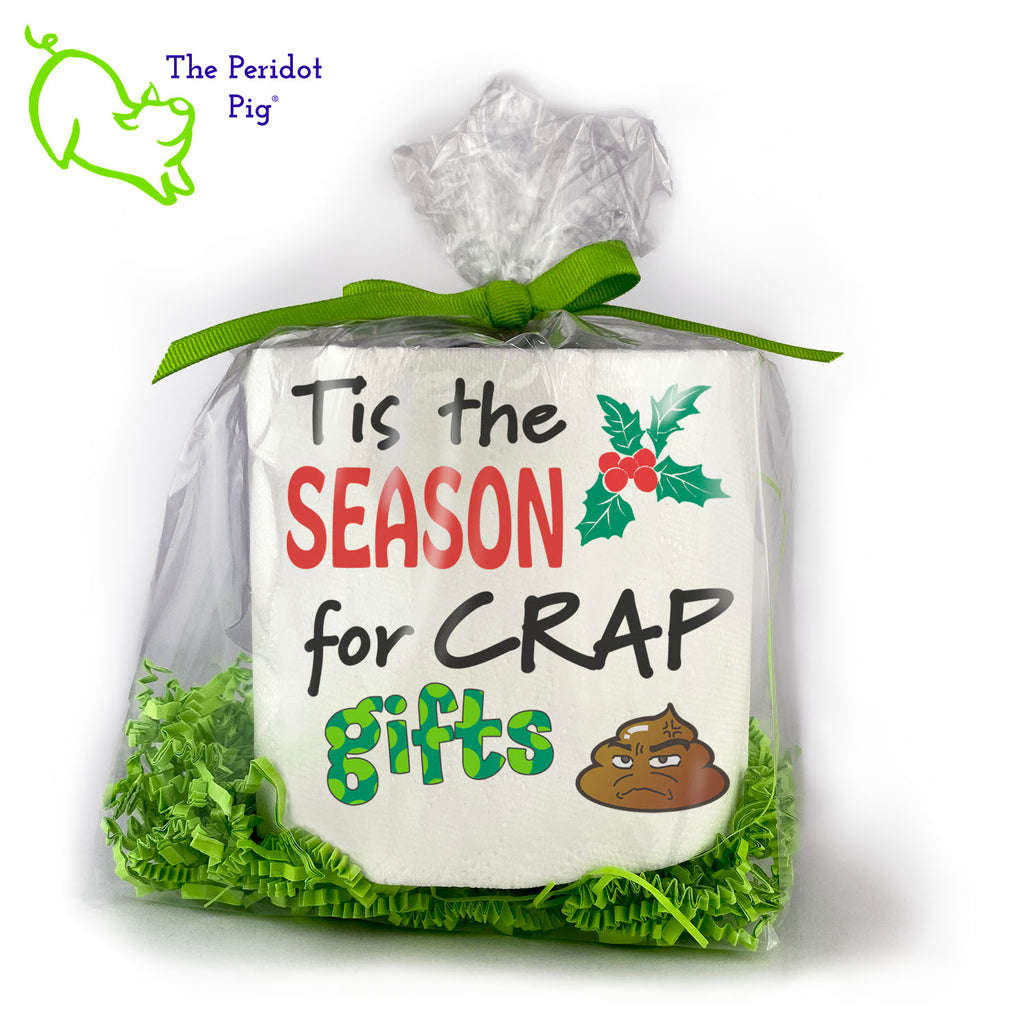 Toilet paper is still a thing and we're sure they'll appreciate an extra roll. While you're at it, these make an excellent holiday gag gift for that white elephant party! Available with many different sayings, this is high-quality 2-ply toilet paper which has been printed in vivid sublimation color. We then wrap it all up with some peridot green crinkle paper and a matching bow. This version states "Tis the SEASON for CRAP gifts" with a little grumpy pile of poop to the side.