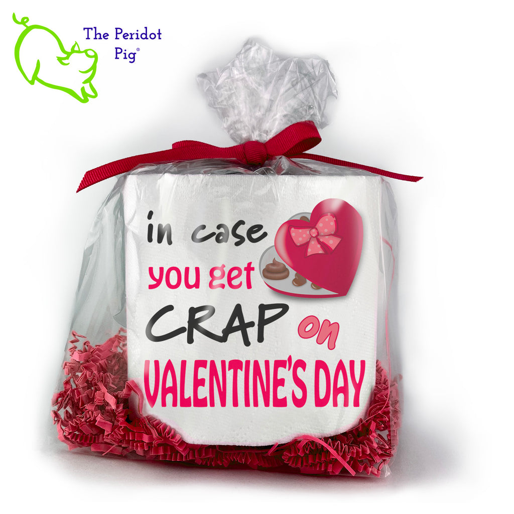 Toilet paper is still a thing and we're sure they'll appreciate an extra roll. As they say...sharing is caring! Available with many different sayings, this is high-quality 2-ply toilet paper which has been printed in vivid sublimation color. We then wrap it all up with some red crinkle paper and a matching bow. This version states "In case you get crap on Valentine's Day" in bright colors. We've included a box of crap candy as well! Front view shown.
