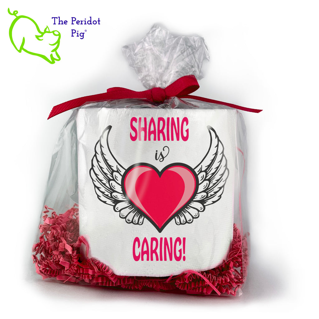 Toilet paper is still a thing and we're sure they'll appreciate an extra roll. As they say...sharing is caring! Available with many different sayings, this is high-quality 2-ply toilet paper which has been printed in vivid sublimation color. We then wrap it all up with some red crinkle paper and a matching bow. This version states "Sharing is Caring!". It features a heart with angel wings in the center. Front view shown.