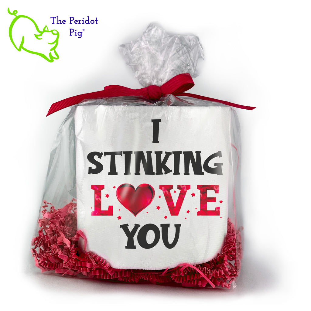Toilet paper is still a thing and we're sure they'll appreciate an extra roll. As they say...sharing is caring! Available with many different sayings, this is high-quality 2-ply toilet paper which has been printed in vivid sublimation color. We then wrap it all up with some red crinkle paper and a matching bow. This version states "I STINKING LOVE YOU". It features a heart with little stars replacing the "O" in LOVE. Front view shown.