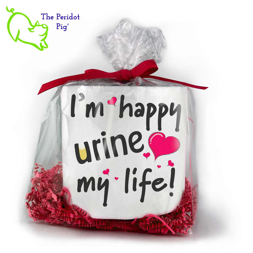 Toilet paper is still a thing and we're sure they'll appreciate an extra roll. As they say...sharing is caring! Available with many different sayings, this is high-quality 2-ply toilet paper which has been printed in vivid sublimation color. We then wrap it all up with some red crinkle paper and a matching bow. This version states "I'm happy urine my life". Get it?? Urine...You're in! It's perfect for that dad joke lover! Front view shown.