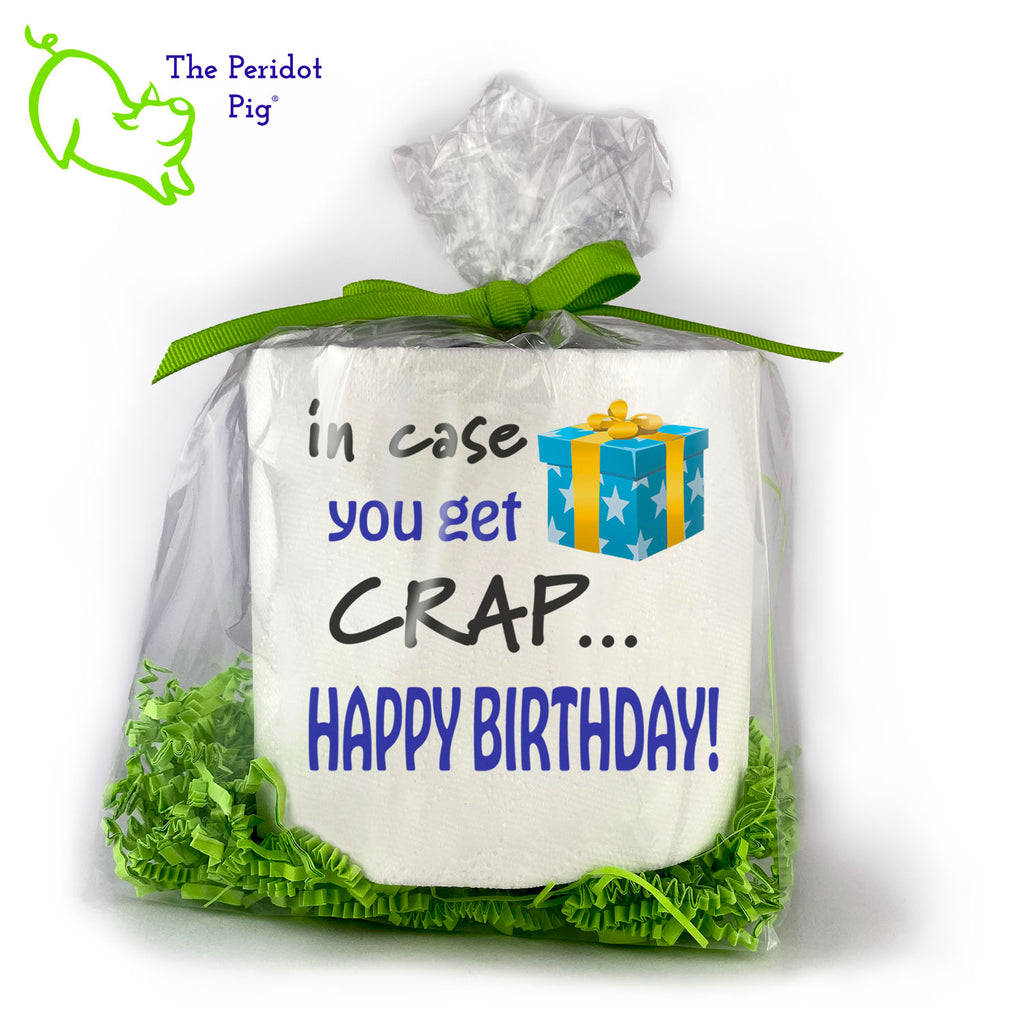 Toilet paper is still a thing and we're sure they'll appreciate an extra roll. As they say...sharing is caring! Available with many different sayings, this is high-quality 2-ply toilet paper which has been printed in vivid sublimation color. We then wrap it all up with some peridot green crinkle paper and a matching bow. This version states "In case you get crap...Happy Birthday!" A little gift wrapped box is printed on to the top right corner. Front view shown.