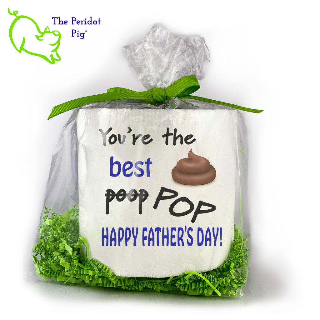 Toilet paper is still a thing and we're sure they'll appreciate an extra roll. As they say...sharing is caring! Available with many different sayings, this is high-quality 2-ply toilet paper which has been printed in vivid sublimation color. We then wrap it all up with some peridot green crinkle paper and a matching bow. This version states "You're the best Pop. Happy Father's Day!" in bright colors. It's decorated with poop emoji. Perfect for that snarky dad of yours!