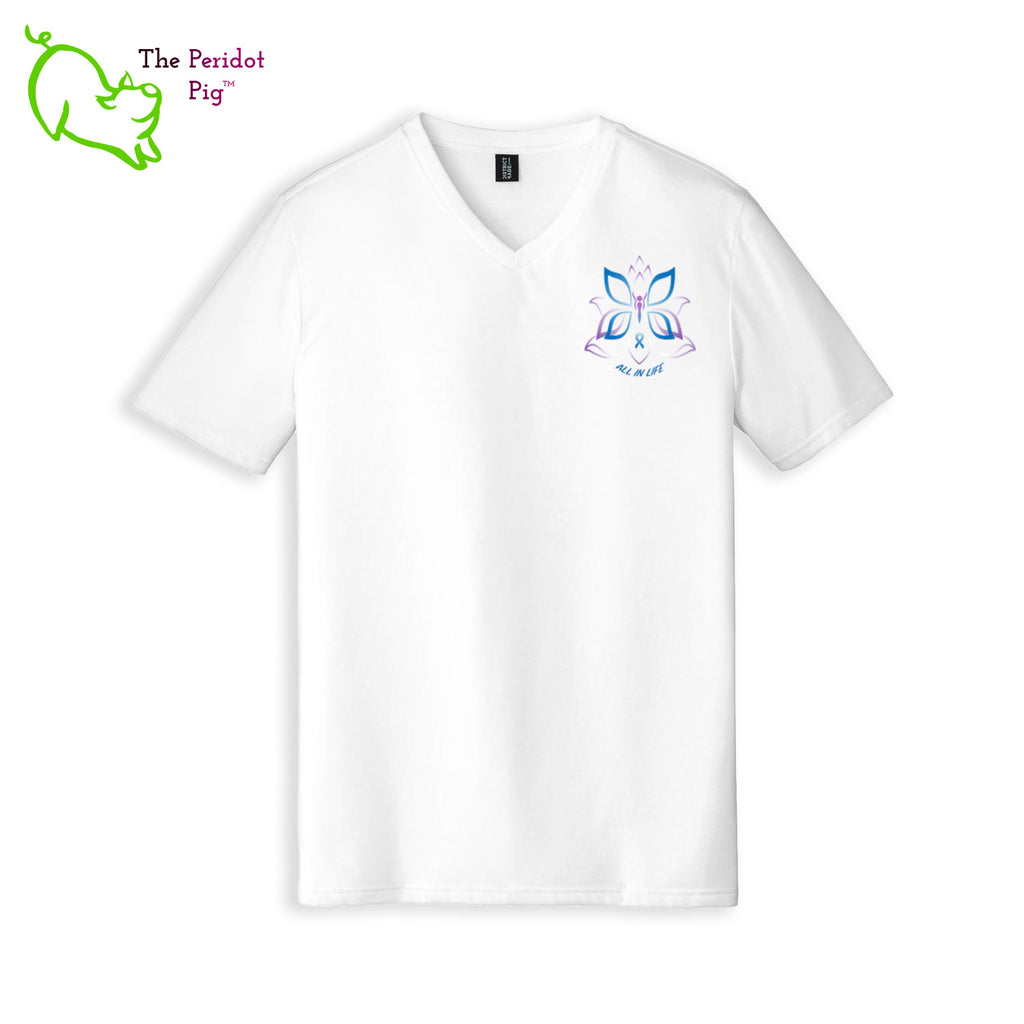 This unisex tee has a classic v-neck cut and fits like a well-loved favorite. The front design shows a small version of Kristin Zako's logo in bright blue and purple on the left shoulder. The back has a larger version of the image. Since this is a tri-blend fabric, the print will have a slightly faded, "vintage" look. Front view in White