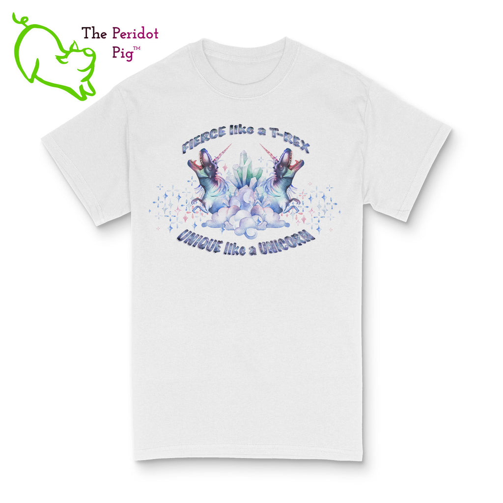 Express your individuality with this fabulous "DinoCorn" t-shirt. When you're fierce like a T-Rex and unique as a unicorn, this is the shirt for you or that favorite person in your life. Featuring the beautiful watercolor art of Katrine Glazkova, this perfect shirt will make you smile. Front view.