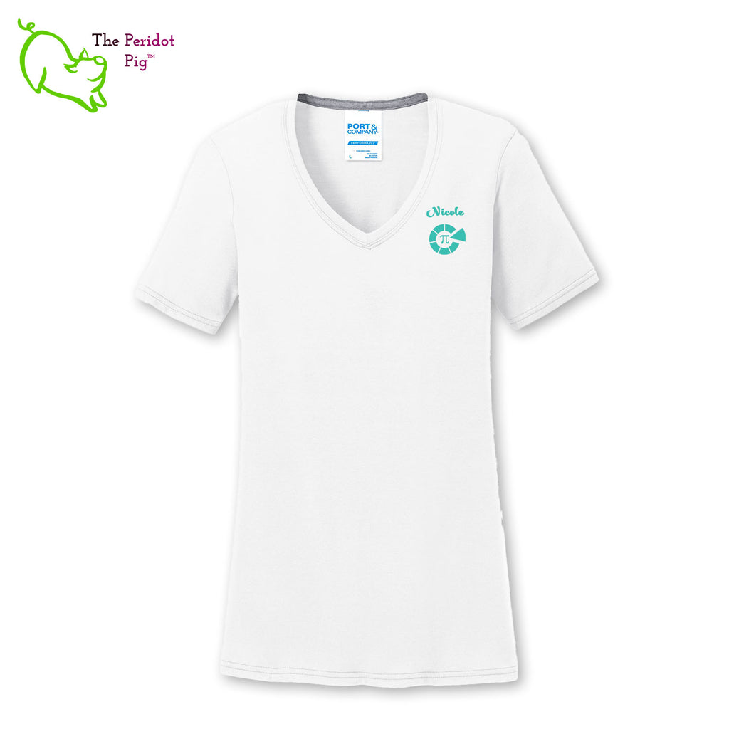 These super soft shirts are made from a poly cotton blend that is very comfortable. The print is a vivid sublimation print that won't crack or fade over time. The front sports the Healthy Pi logo and a personalized name on the left chest area. The back has a larger version of the Healthy Pi, Inc logo. Front view with sample name.