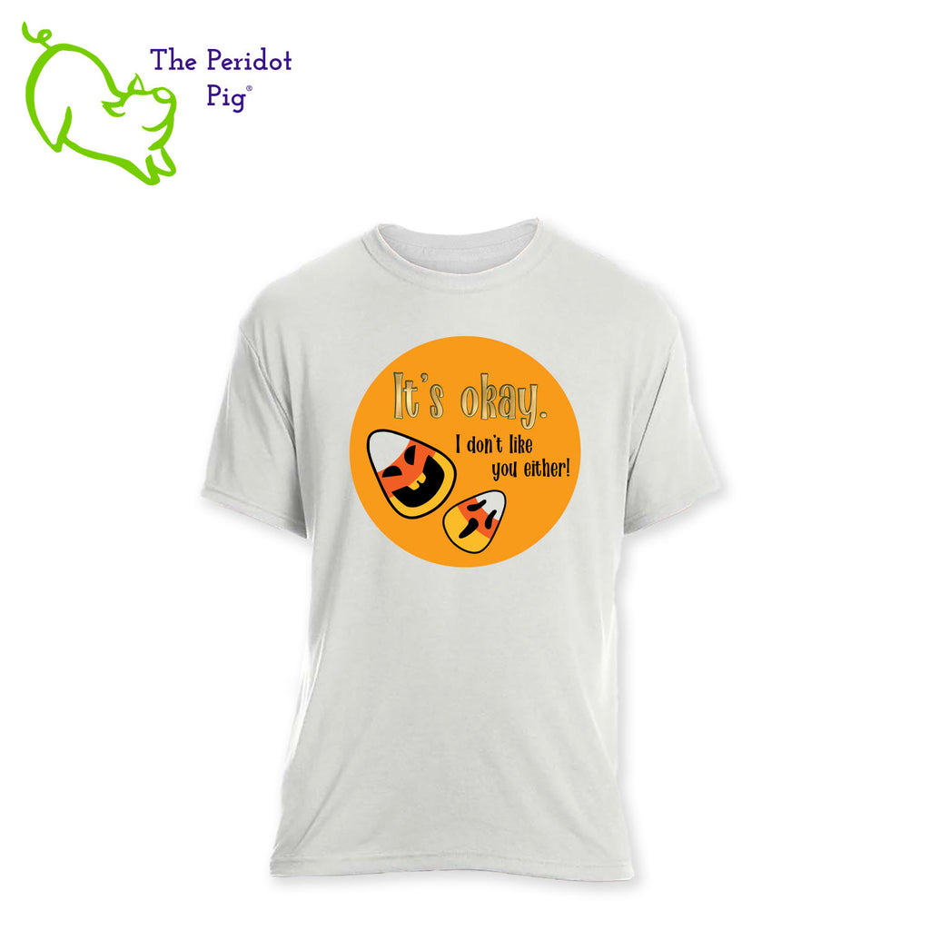 Add a little humor as you cart the kids around trick or treating. These shirts feature a bright orange design with the saying, "It's okay. I don't like you either" and a couple of candy corns with comic faces. The back is blank on these shirts. Front view shown.
