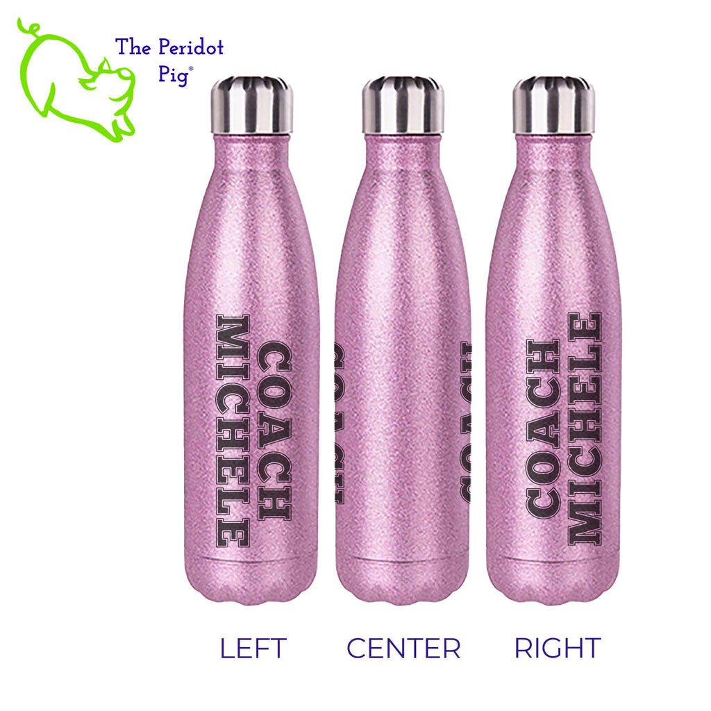Add a bit of sparkle to your workout with a Coach Michele water bottle! Available in a pink glitter finish, this 17oz bottle is a great accessory. It has a screw top with a replaceable gasket and easily fits in cupholders or your backpack. The glitter is sealed in a polymer coating that won't leave flakes everywhere but you still get a a lot of bling!