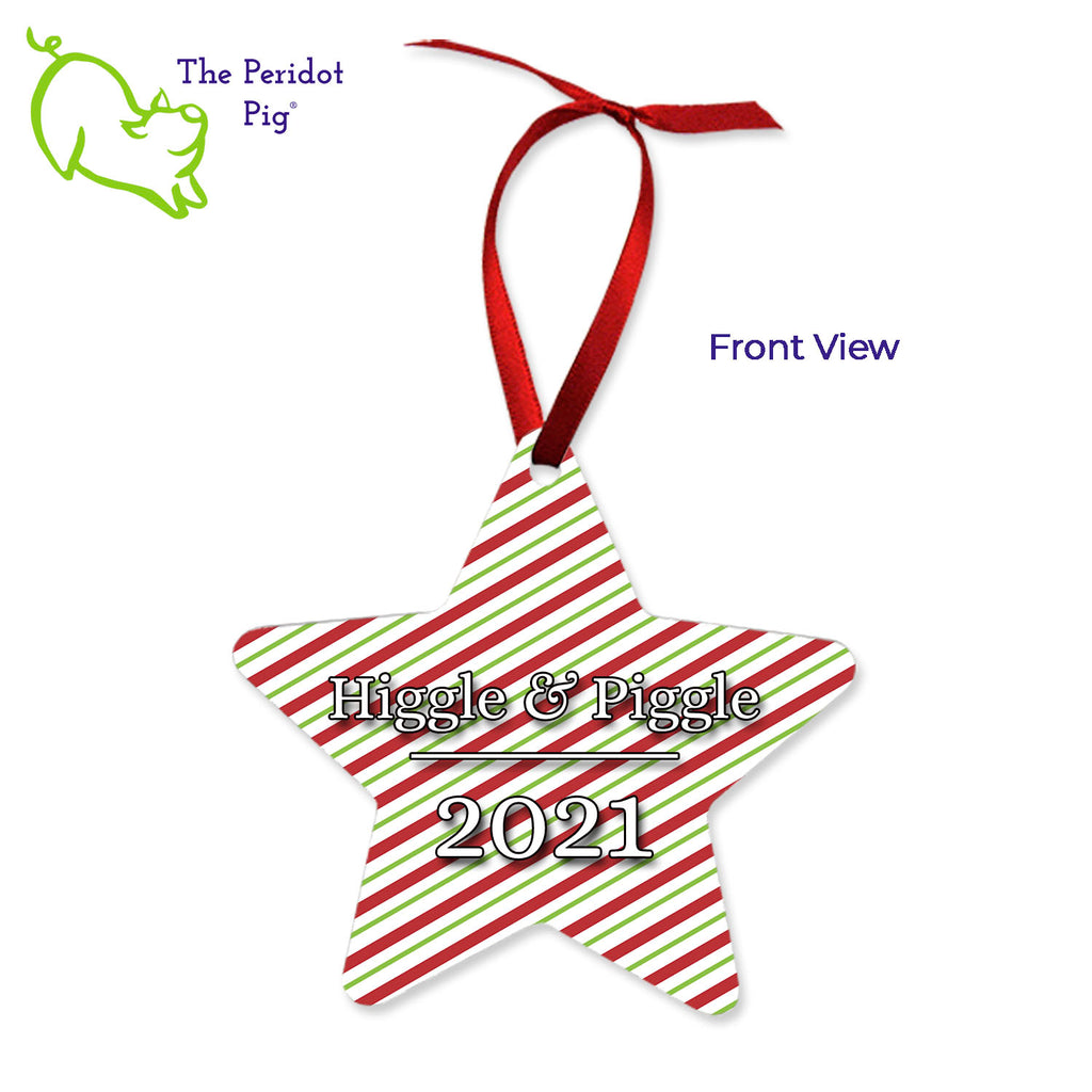 This ornament is perfect for the star in your life. We've shown them here with the name and year on the back with a fun Christmas candy stripe pattern. On the front, choose from 5 different border styles. This style is best with the text on the back but we can customize it in many different ways. Back view shown with sample name and year.