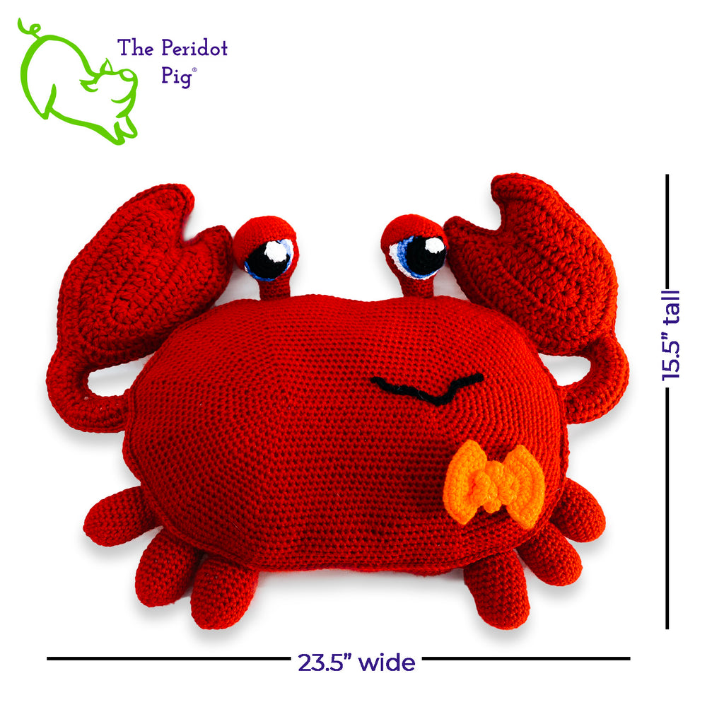 Clarke is a really large amigurumi pillow! Some think he can be a bit terse but he's really the life of the party. Those eyes pop up and just seem to say, "Hellloooooo!" He's dressed for the occasion with his spiffy little bow tie. Front view shown with dimensions.