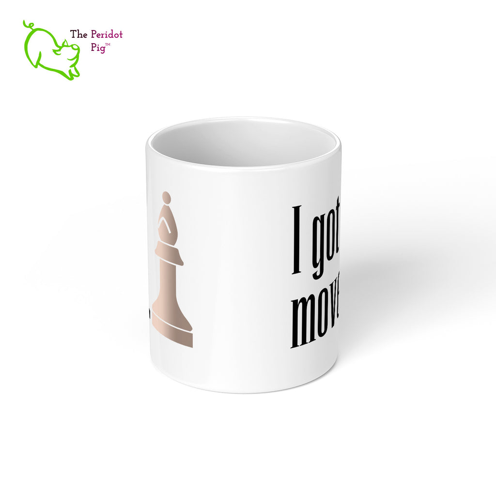These bright white mugs are perfect for the chess fan. Bishop - I've got moves. Center view.