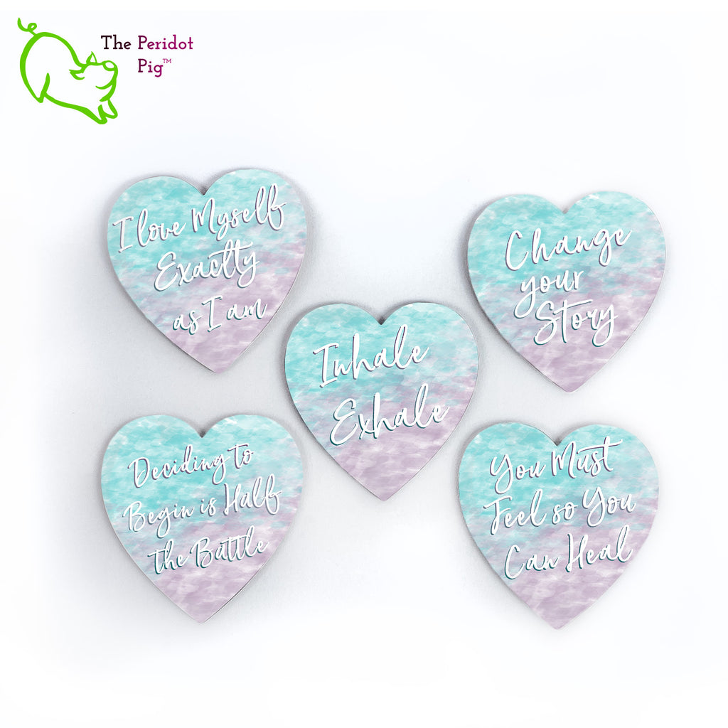 An image of the full set of five coasters with phrases from Kristin Zako.