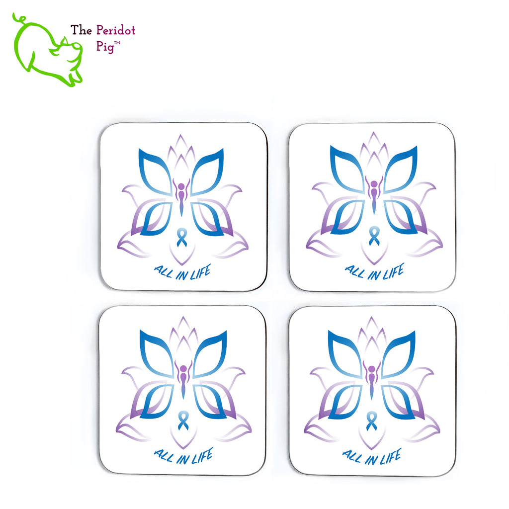 This set of four square hardboard coasters is printed with Kristin Zako's All in Life logo. Each coaster is individually printed with a bright glossy white finish. Shown with all four laid out in a grid.