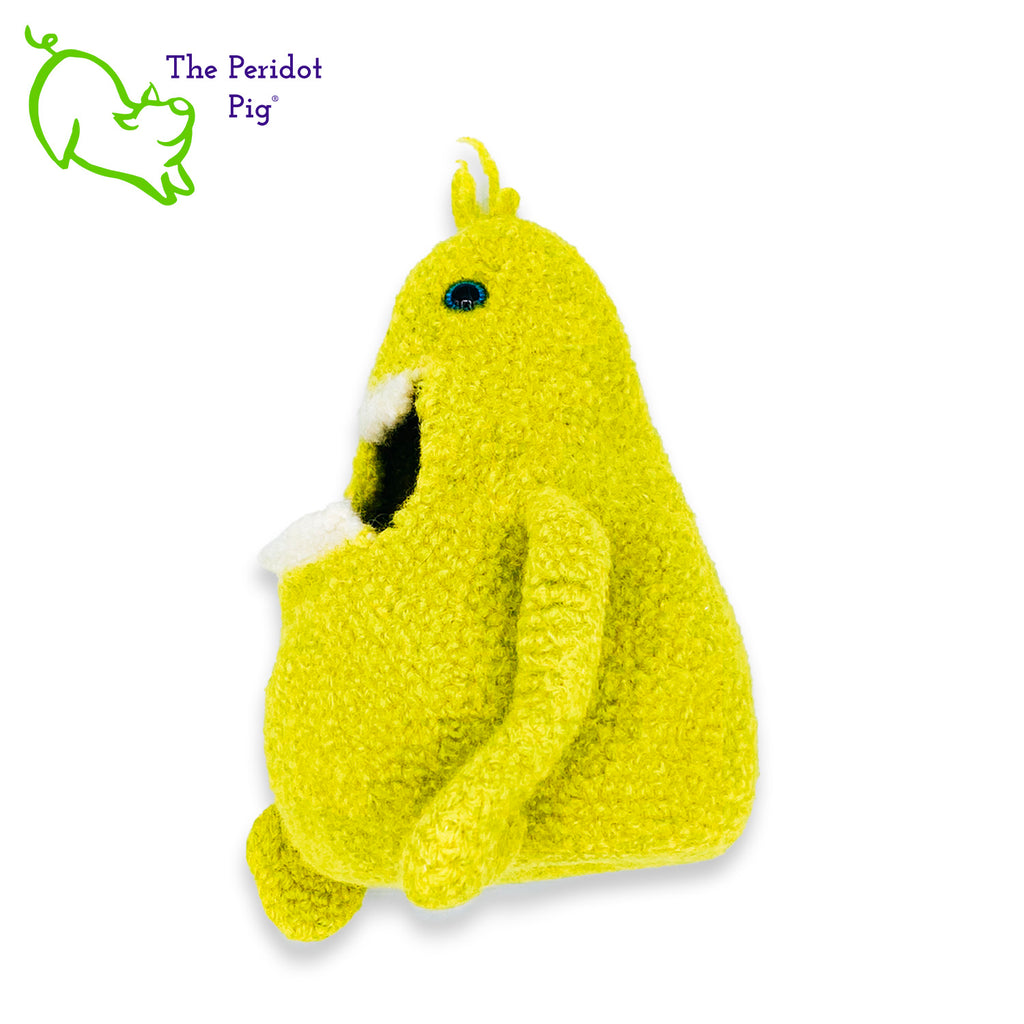 Gary has a big mouth! He's not loud though...he just likes to cram stuff in his big mouth. He prefers candy but you could easily fill him with anything.  His dream is to show up in a kid's Easter basket one day. Definitely needs to be a special kid that appreciates little monsters like Gary. He's made of 100% wool that has been felted down to create his hollow body. His arms are floppy and he has a little tuft of his pear green hair on top.  His eyes are a bright blue. Left view shown.