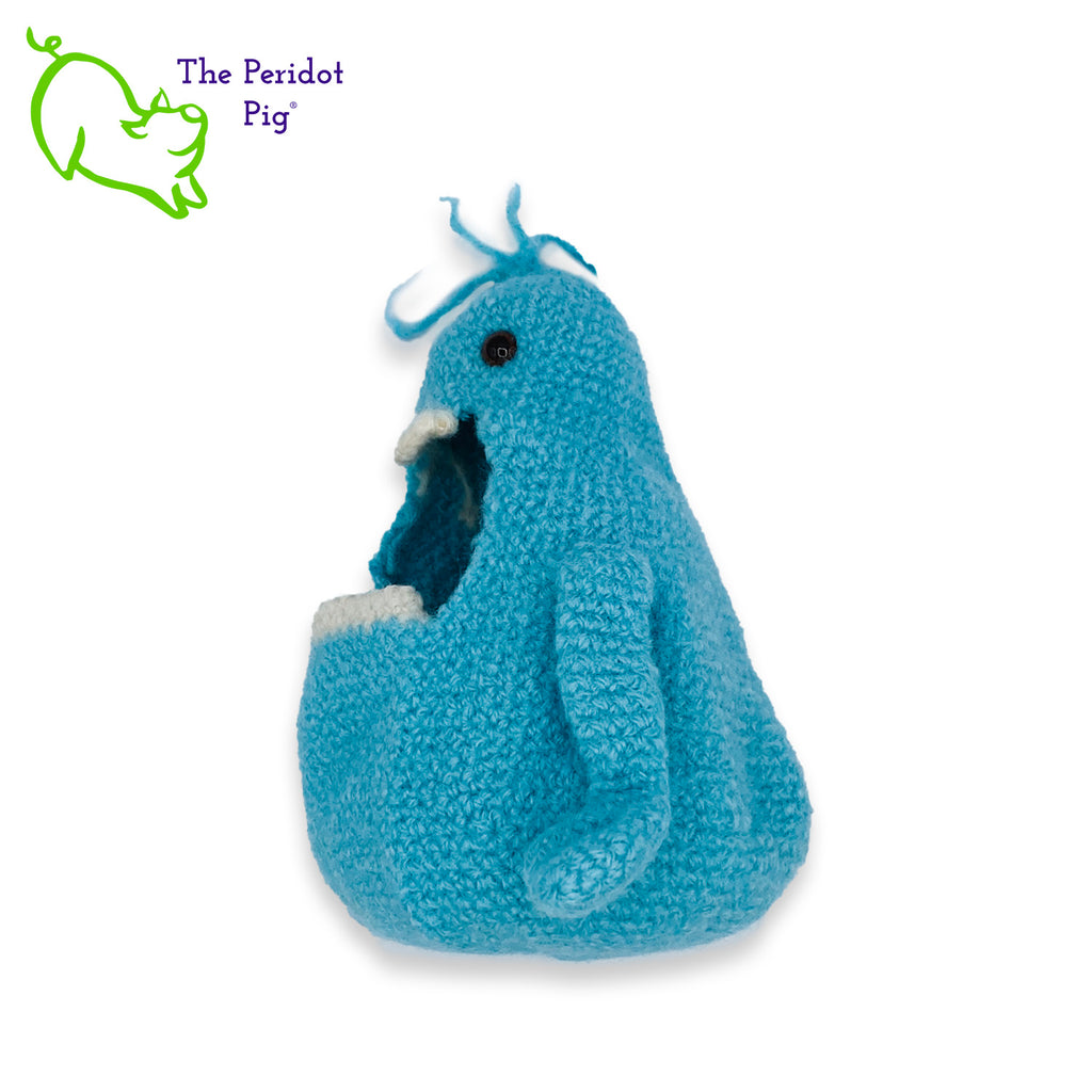 Glenda has a big mouth! She's not loud though...she just likes to cram stuff in her big mouth. She prefers candy but you could easily fill her with anything. Her dream is to show up in a kid's Easter basket one day. Definitely needs to be a special kid that appreciates little monsters like Glenda or Gary. She's made of 100% wool that has been felted down to create her hollow body. Left view shown.