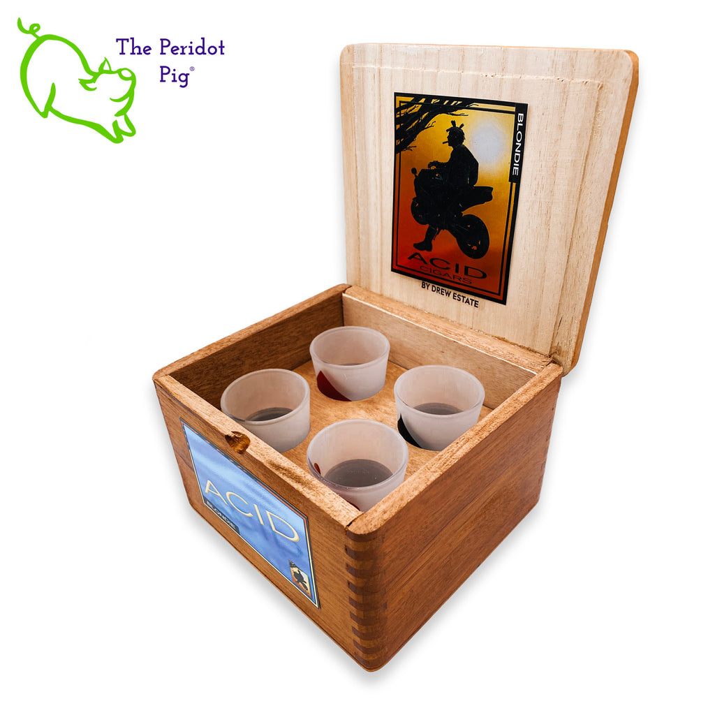 Do you have cigar smoking, card playing, shot drinking kind of friend?? Here's the perfect gift for them! We've taken a gently used cigar box and added a holder for 4 frosted glass shot glasses. We've then printed a spade, club, diamond and heart on the front of each shot glass. Open box view with four glasses shown.