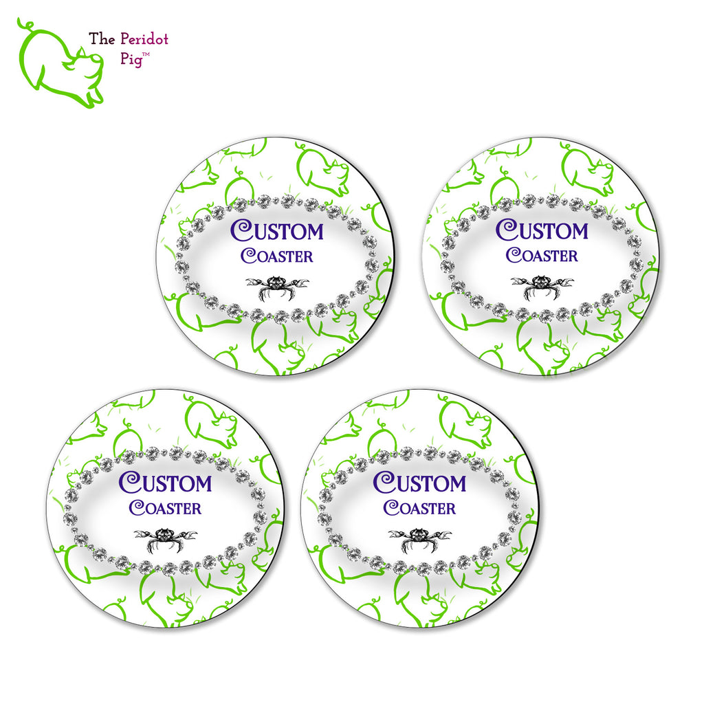 A set of 4 custom round coasters with cork backing. Shown in a flat lay of 4 with a sample image.