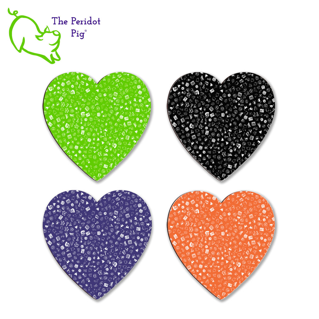 These are Halloween-themed coasters but you have to look close. They come in a set of four; black, green, purple and orange. Each has tiny little images of Halloween that include cats, witches, ghosts and jack-o-lanterns. All four colors shown laying flat.