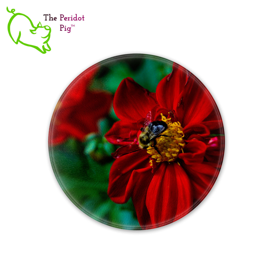 This beautiful tempered glass cutting board is a wonderful keepsake!  This one features bright red flowers with a cute little honey bee in a vivid and detailed print. Perfect for cutting or using as a serving board! Front view without highlights.