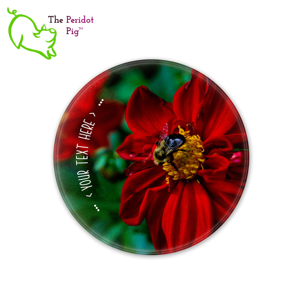 This beautiful tempered glass cutting board is a wonderful keepsake!  It can be personalized with names, quotes or dates. This one features a bright red flower with a cute little honey bee in a vivid and detailed print. Perfect for cutting or using as a serving board! Front view without highlights.