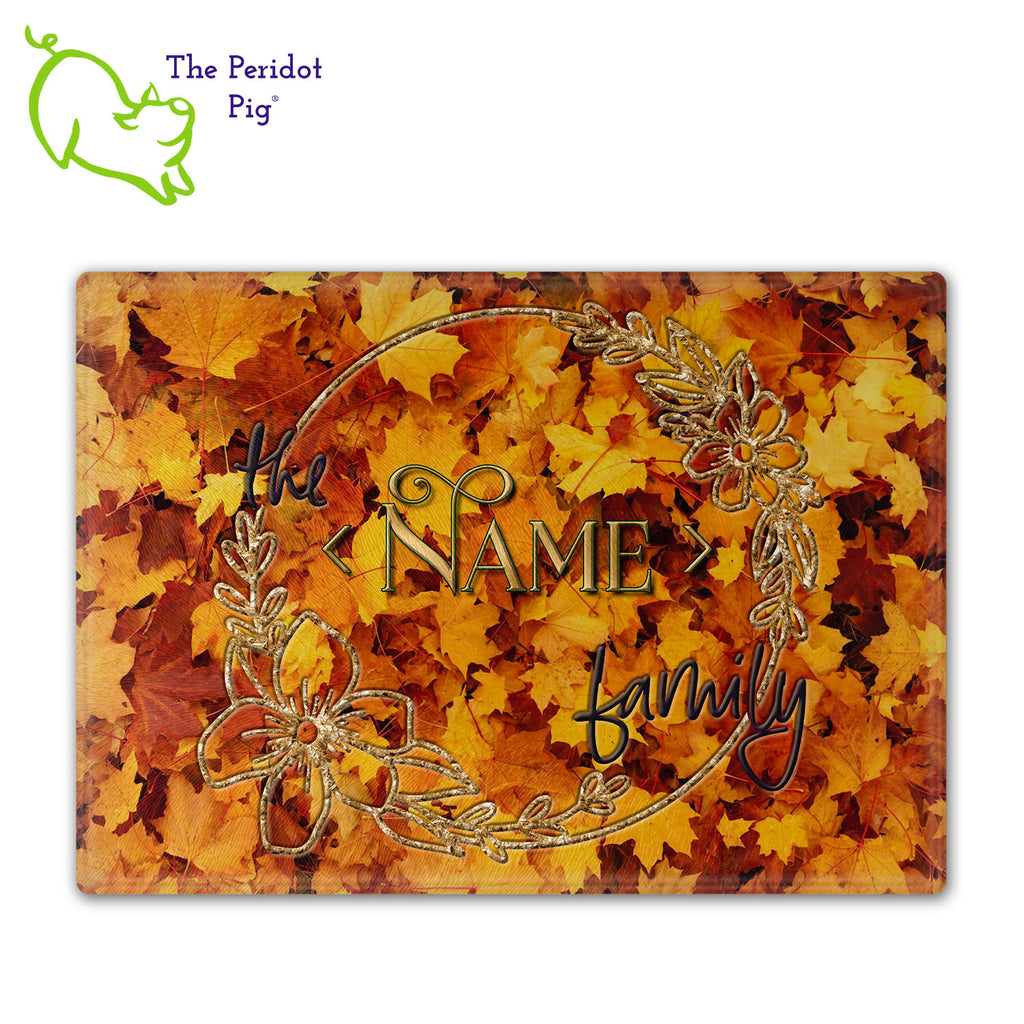 Can't find the perfect gift? How about a personalized glass cutting board in fall colors?? These make a perfect birthday, holiday or house warming gift! We've designed these with Autumn leaves in mind and a little 70s throwback vibe. They are printed in permanent sublimation colors that are vivid and bright. Medium/Large shown with sample name.