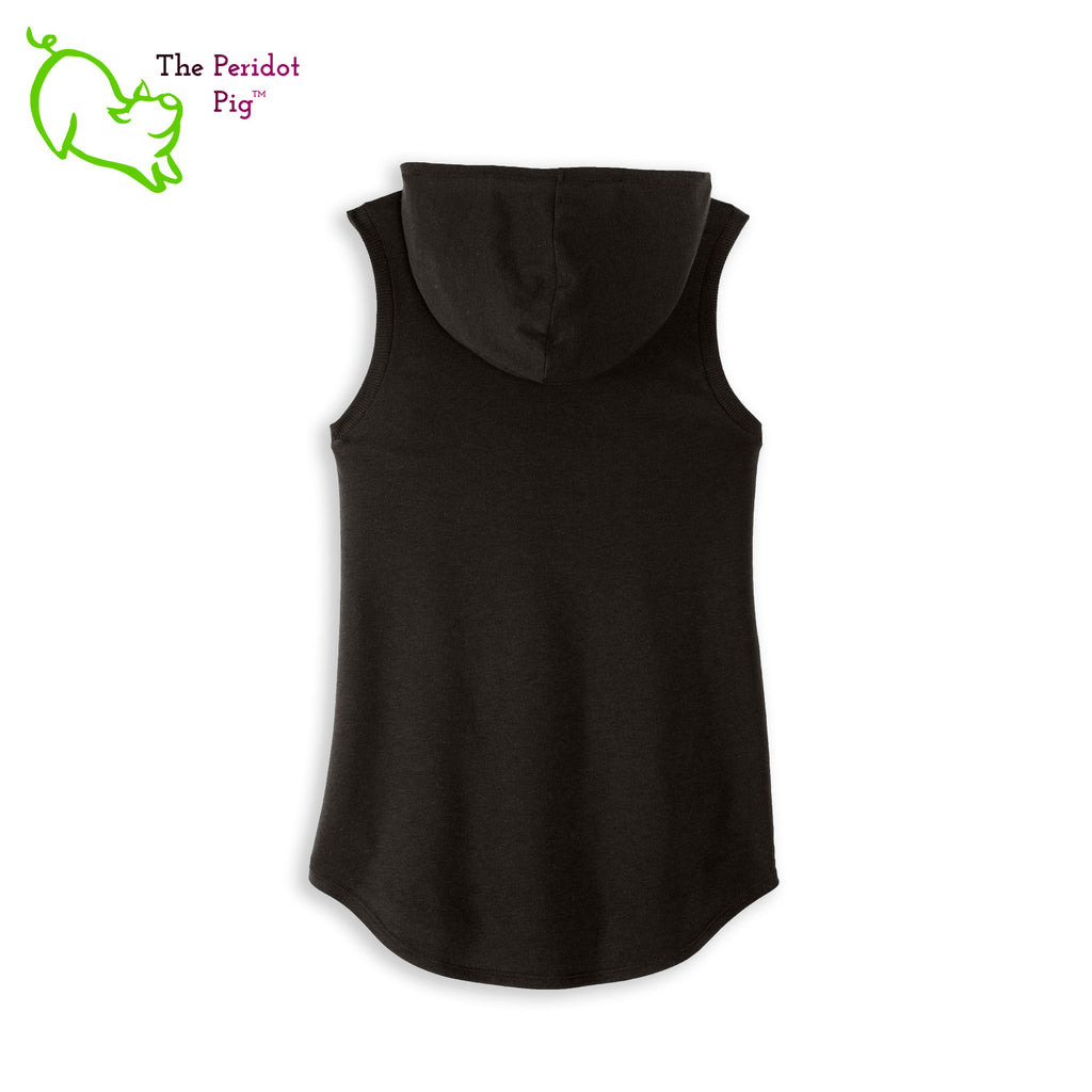 A perfect shirt for the HP fan featuring a silver glitter Deathly Hallows design. This sweet little hoodie tank is super soft, lightweight, and form-fitting (but not too tight in the mid-section) with a flattering cut. The arm holes have a finished rib knit edging. The front features a Deathly Hallows symbol in silver glitter vinyl and the back is blank. Back view shown in black.