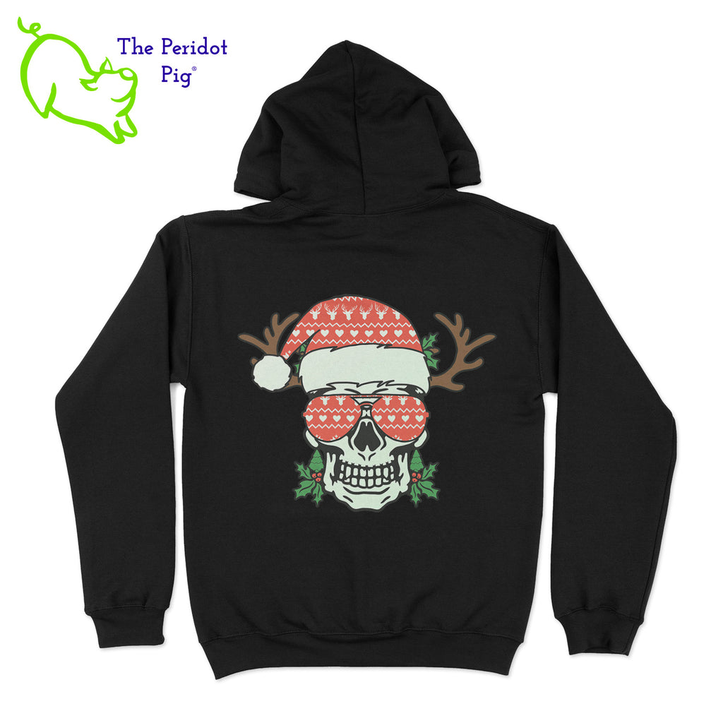 It's a toss up whether Halloween or Christmas is our favorite holiday. When you can't make up your mind, try our Christmas skull hoodie! Perfect for the chillier weather and this one glows in the dark! We've printed the skull on the back over glow in the dark vinyl. Back view shown.