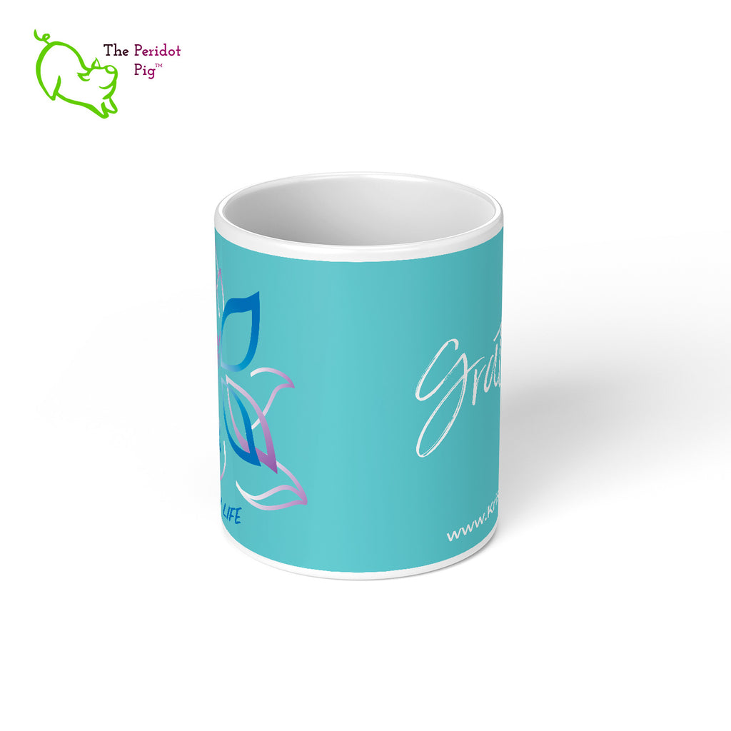 Gratitude - a reminder to practice every day. Whether you're drinking your morning coffee, evening tea, or something in between – this mug's for you! Center view