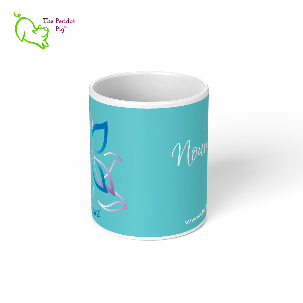 A wonderful mug featuring Kristin Zako's logo and a reminder of the four pillars in her philosophy. A great addition to your morning routine before you start a hectic day. Nourishment center view.