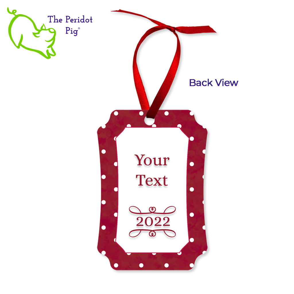 Why wait for Christmas?? This ornament features the colorful artwork of Cathy Pavia and would be the perfect gift for a cat lover or chef. You have a cool cooking kitty on the front, baking some little kitty snacks. They're dressed in a bright apron, chef's hat and a polka dot oven mitt. On the back, we continued the polka dot theme and added a section for your personalization. We've shown it here with a name and date but you can add almost any text. Back view shown.