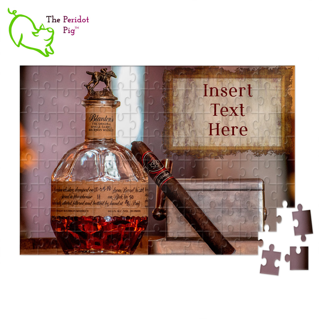 This set of cigar themed puzzles can be purchased as is or personalized with your own message. They'd be a perfect Father's Day gift! These puzzles look so simple but are actually rather hard! The pieces are very similar in size and the images have a lot of repetition. Style A personalized shown.