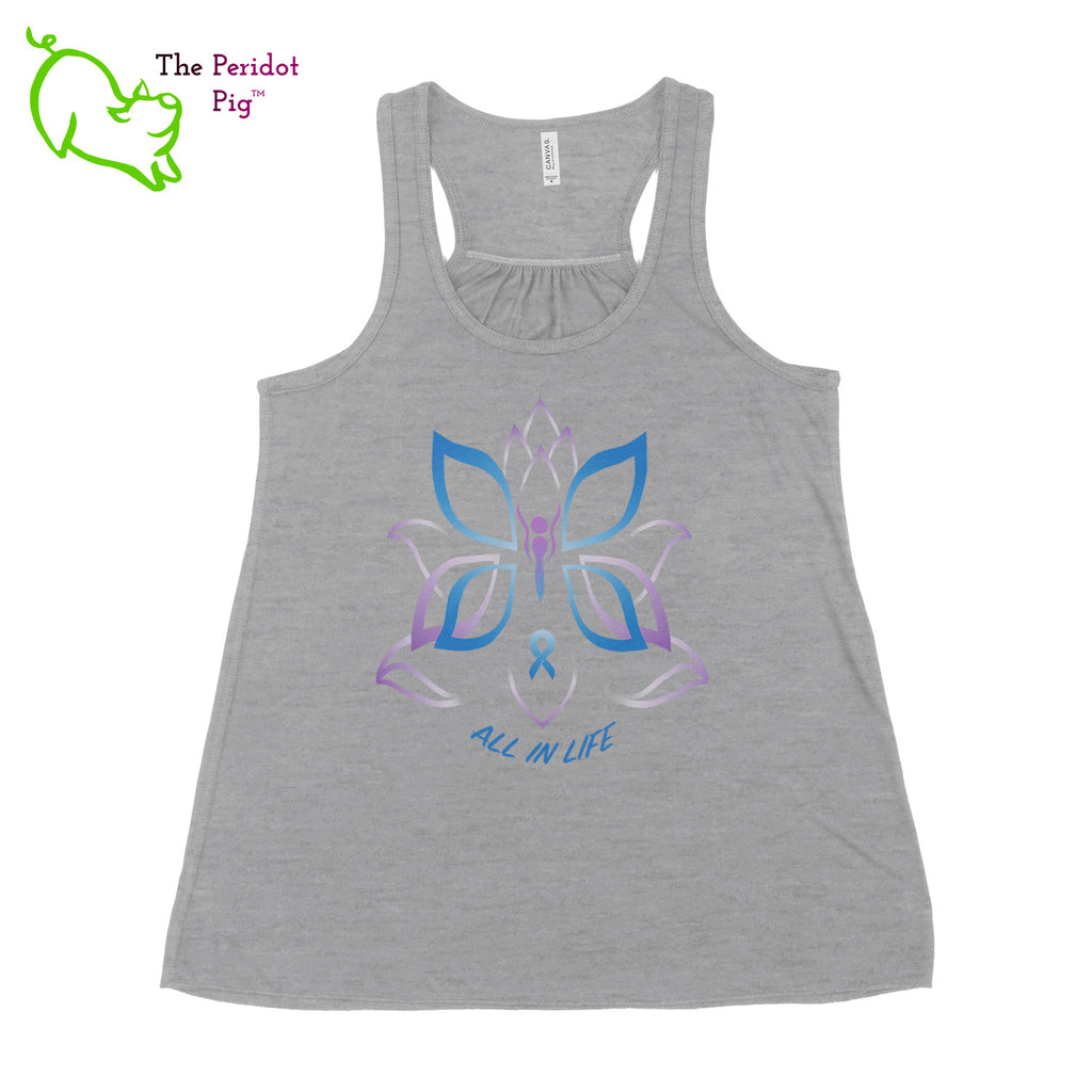 This racerback tank is super soft, lightweight, and form-fitting (but not too tight in the mid-section) with a flattering cut and raw edge seams for an edgy touch. The front features Kristin Zako's logo and the back is blank. The print will be in a "vintage" look that is slightly faded. Front view in Gray.