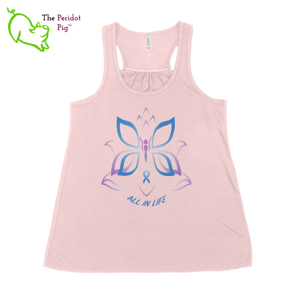 This racerback tank is super soft, lightweight, and form-fitting (but not too tight in the mid-section) with a flattering cut and raw edge seams for an edgy touch. The front features Kristin Zako's logo and the back is blank. The print will be in a "vintage" look that is slightly faded. Front view in Pink.