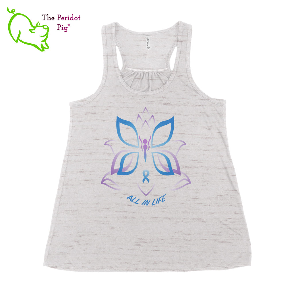 This racerback tank is super soft, lightweight, and form-fitting (but not too tight in the mid-section) with a flattering cut and raw edge seams for an edgy touch. The front features Kristin Zako's logo and the back is blank. The print will be in a "vintage" look that is slightly faded. Front view in White Marble.