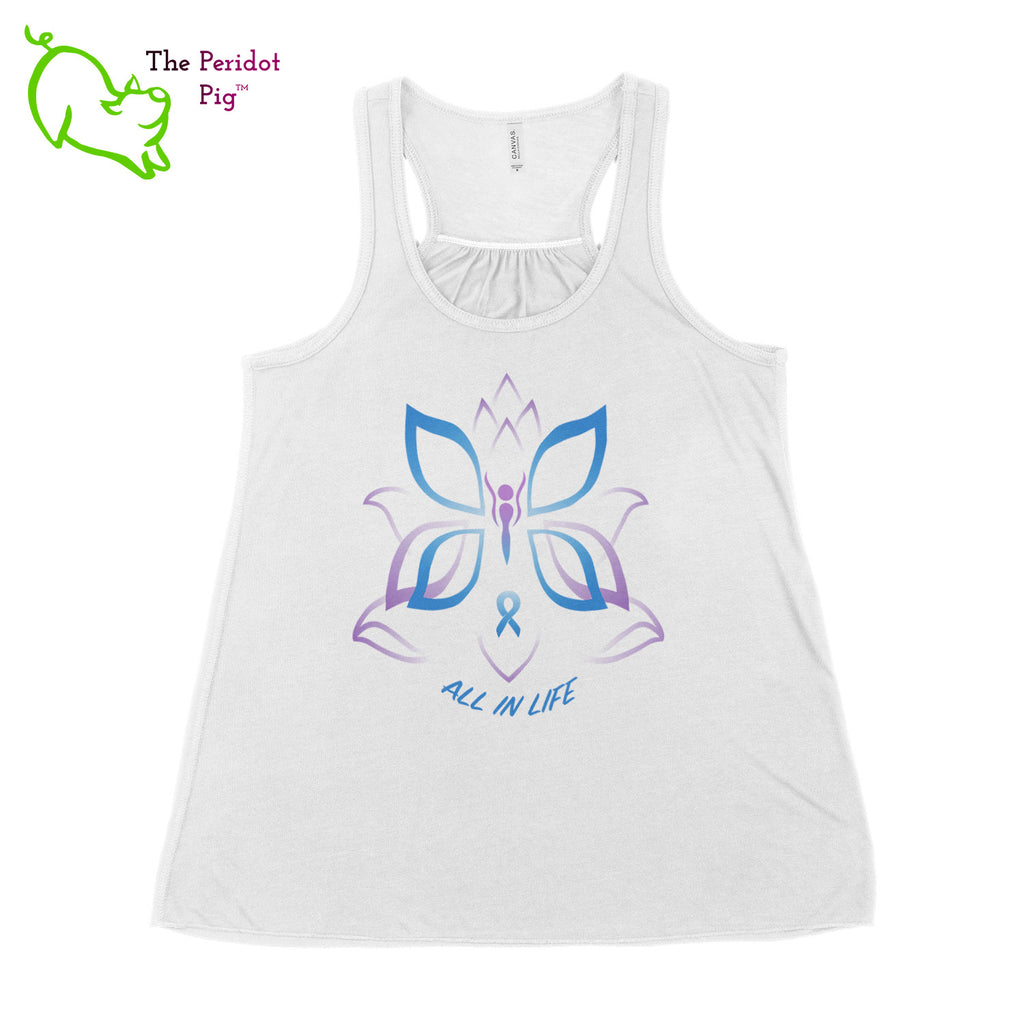 This racerback tank is super soft, lightweight, and form-fitting (but not too tight in the mid-section) with a flattering cut and raw edge seams for an edgy touch. The front features Kristin Zako's logo and the back is blank. The print will be in a "vintage" look that is slightly faded. Front view in White.