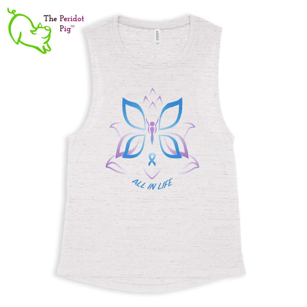 This comfortable muscle tank is soft and flowy with low cut armholes for a relaxed look. The shirt features Kristin Zako's logo on the front in bright blue and purple colors. The back is blank. The print is a translucent, faded "vintage" look due to the blend of the fabric. Front view in White Marble.